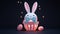 Cute Little Easter bunny with decorated Easter eggs on the grass. Glowing neon lights and dark background. Futuristic