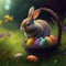 Cute little Easter bunny sitting in basket with decorated eggson green grass background. Easter Card concept. AI generative