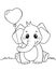 Cute little elephant holding balloon in heart form. Black and white illustration for coloring book