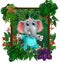 Cute Little Elephant Kid In Forest With Tropical Plant Flower In Wood Square Frame Cartoon