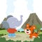 Cute little elephant and little tiger play around swamp. Funny Kid Graphic Illustration. T-Shirt Design for children. Creative