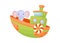 Cute little elephant sailing on green ship. Cartoon character for childrens book, album, baby shower, greeting card, party