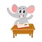 Cute little elephant student character sitting at school desk