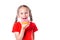 Cute little european girl with pigtails eating donut isolated on white background