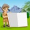 Cute little explorer girl in safari outfit showing giant book open in the jungle