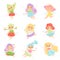 Cute Little Fairies in Colorful Dresses set, Beautiful Winged Flying Girls Vector Illustration
