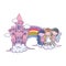 Cute little fairies group with rainbow and castle