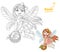 Cute little fairy girl with a round wicker basket filled fruit color and outlined picture for coloring book