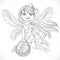 Cute little fairy girl with a round wicker basket filled fruits outlined for coloring