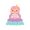 Cute Little Fairytale Princess Girl with Pink Hair and Golden Crown Cartoon Vector Illustration