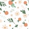 Cute little flowers and fruit seamless pattern. Simple daisy, orange and leaves floral wallpaper