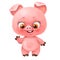 Cute little fluffy pink piglet waving his hoof hello and smiling on a white