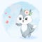 Cute little fox and catching butterflies with net illustration