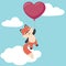 Cute little fox flying with heart shaped balloon