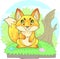 Cute little fox sitting by the bush, funny illustration