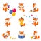 Cute Little Fox Walking with Balloons, Reading Book and Feeding Chicks Vector Set