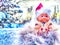 Cute little funny dwarf in the snow in the landscape in winter. A wizard on a snowy background. Christmas and New Year