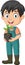 Cute little gardener holding plants in pot