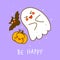 Cute little ghost with pumpkin and bat on purple background - cartoon character for funny Halloween greeting card and poster