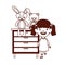 Cute little girl baby with stuffed bear and rabbit in drawer