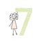 cute little girl with big green number seven, numbers for kids, simple doodle hand pencil drawn vector illustration