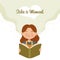 Cute little girl with a book is dreaming. Cartoon illustration, baby print vector