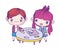 Cute little girl and boy cartoon with table and crayons