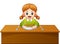 Cute little girl cartoon waiting for breakfast on dining table