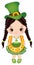 Cute Little Girl Celebrating St. Patrick Day Holding Golden Horseshoe. Vector Saint Patrick Day