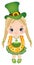 Cute Little Girl Celebrating St. Patrick Day Holding Golden Horseshoe. Vector Saint Patrick Day