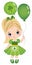 Cute Little Girl Celebrating St. Patrick Day Holding Green Air Balloons with Shamrock. Vector Saint Patrick Day