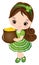 Cute Little Girl Celebrating St. Patrick Day Holding Pot with Golden Coins. Vector Saint Patrick Day