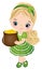 Cute Little Girl Celebrating St. Patrick Day Holding Pot with Golden Coins. Vector Saint Patrick Day