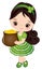 Cute Little Girl Celebrating St. Patrick Day Holding Pot with Golden Coins. Vector Saint Patrick Day