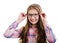 Cute little girl child preteen in eyeglasses education, school and vision concept