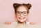 Cute little girl child preteen in eyeglasses education, school and vision concept isolated