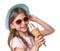 Cute little girl with delicious ice cream, closeup