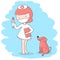 Cute little girl in a doctor`s suit and mask plays doctor and treats her dog.