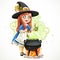 Cute little girl dressed as a witch throwing frog in the cauldron