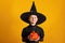 Cute little girl dressed in a witch costume holds a pumpkin jack lantern on a yellow background. Halloween celebration