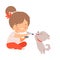 Cute Little Girl Feeding Her Puppy, Adorable Kid Caring for Animal Cartoon Vector Illustration