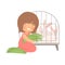 Cute Little Girl Feeding Rabbits in Cage with Grass, Adorable Kid Caring for Animal at Farm Cartoon Vector Illustration