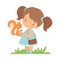 Cute Little Girl Feeding Squirrel, Adorable Kid Caring for Animal Cartoon Vector Illustration