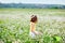 A cute little girl with a flower wreath on her head walks through a field of daisies and catches butterflies with a net