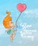 Cute little girl flying on heart shaped balloon.