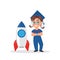 Cute little girl in graduation cap. Schoolgirl standing with rocket. Illustration Mascot for school, education and