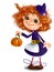 Cute little girl in Halloween witch costume with pumpkin clip art cartoon style transparent background