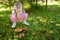 Cute little girl having fun during forest hike on beautiful summer day. Child discovered some mushrooms in the woods