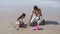 Cute little girl and her dad building sandcastle
