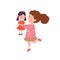 Cute little girl holding barbie doll, happy kid plays with favorite toy, vector cartoon entertainment, friend character